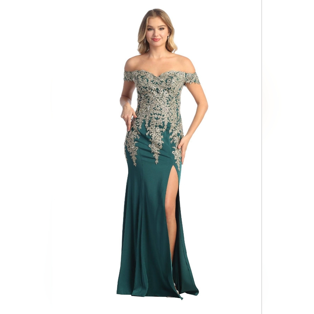Cindy Collection Elegant Green Dress‎ Off-Shoulder Evening Gown Size Small